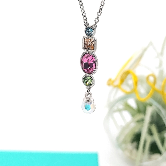 Swarovski Crystals Gumdrop Aurora Borealis Silver Necklace-N8266 - Picture 3 of 7
